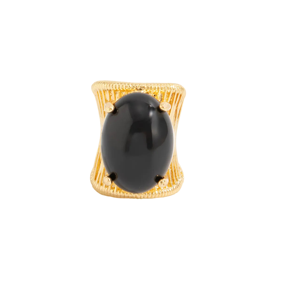 Black Resin and Goldtone Prong-Set Oval Open Ring, elegant gift for her, front view