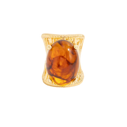 Amber Resin and Goldtone Prong-Set Oval Open Ring, botanical inspired, front view