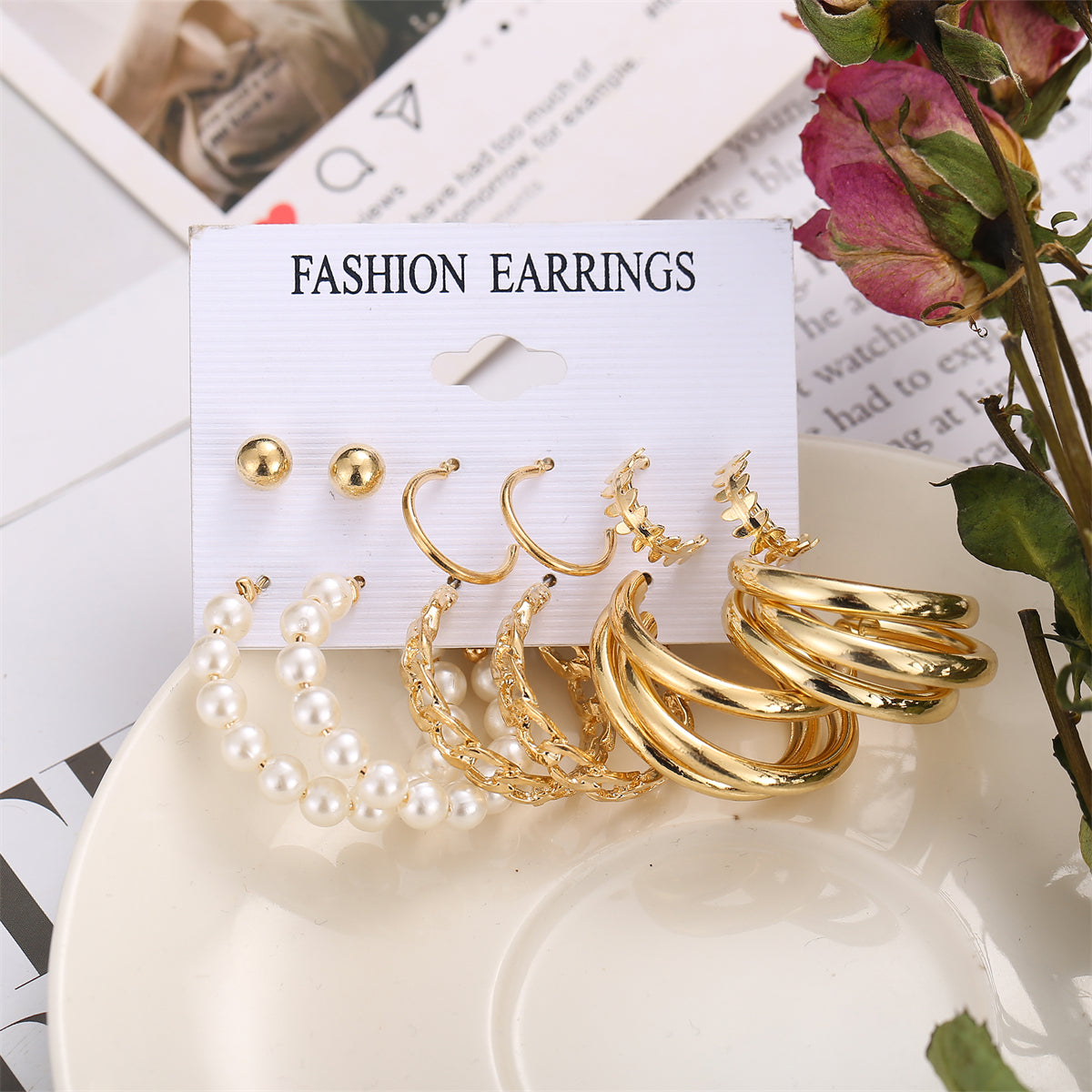 Pearl and 18K Gold-Plated Hoop Earring Set, gold stud earrings for women, elegant gift for her, side view