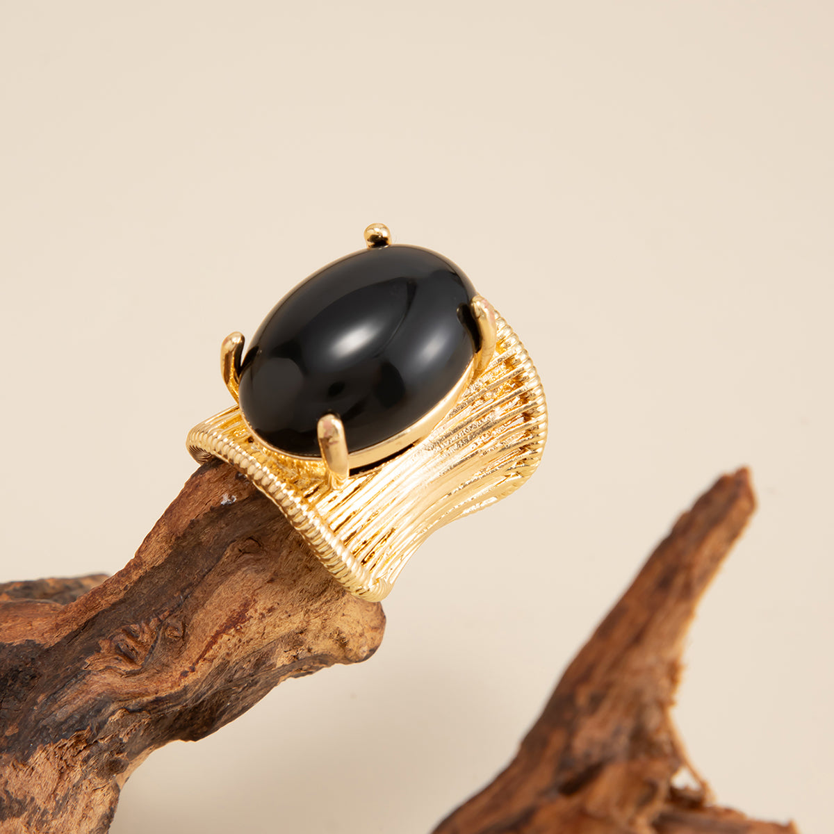 Black Resin and Goldtone Prong-Set Oval Open Ring, elegant gift for her, side view