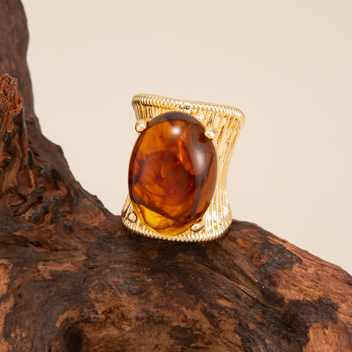 Amber Resin and Goldtone Prong-Set Oval Open Ring, botanical inspired, side view