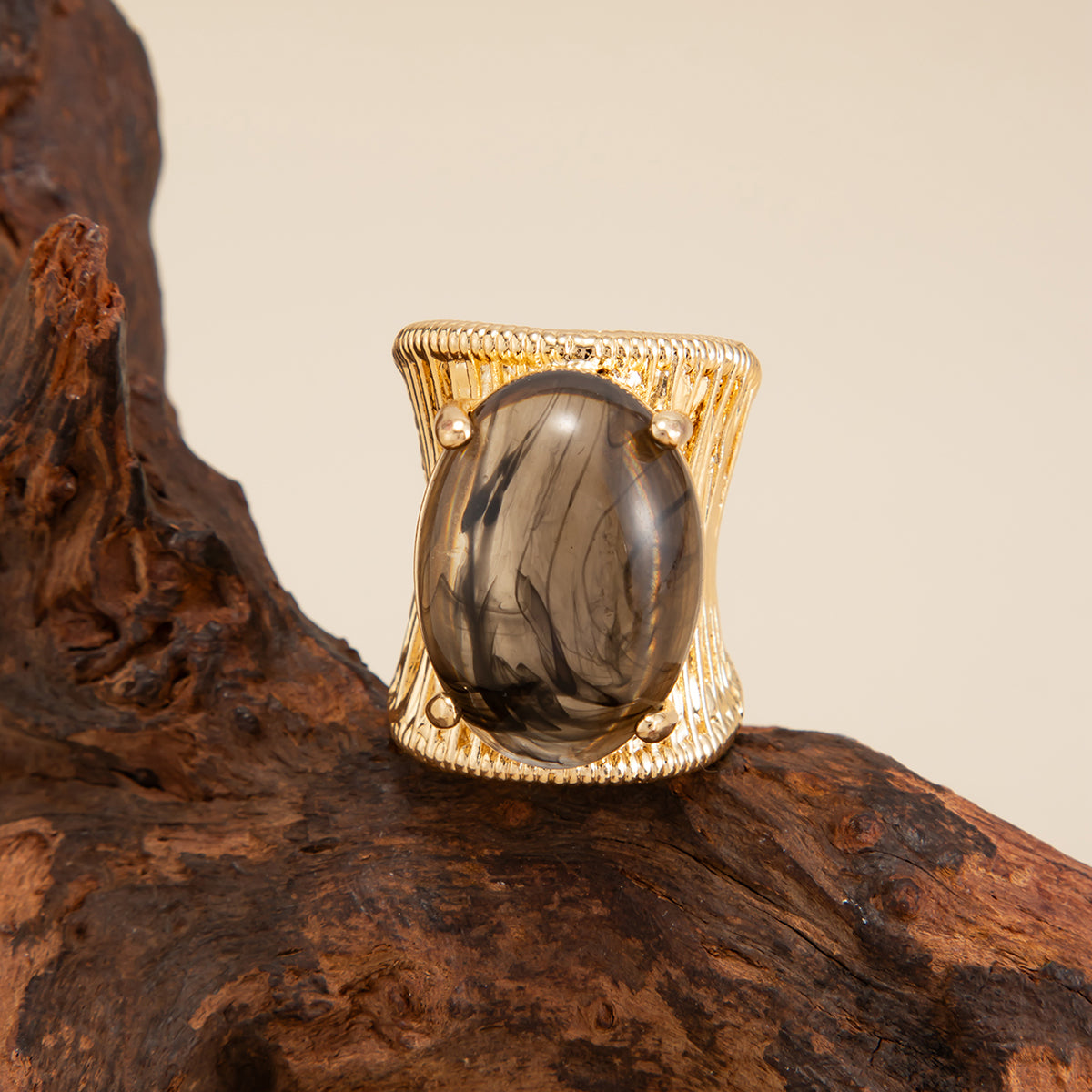Gray Resin and Goldtone Prong-Set Oval Open Ring, botanical inspired, side view