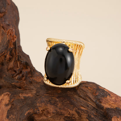 Black Resin and Goldtone Prong-Set Oval Open Ring, elegant gift for her, detail close-up