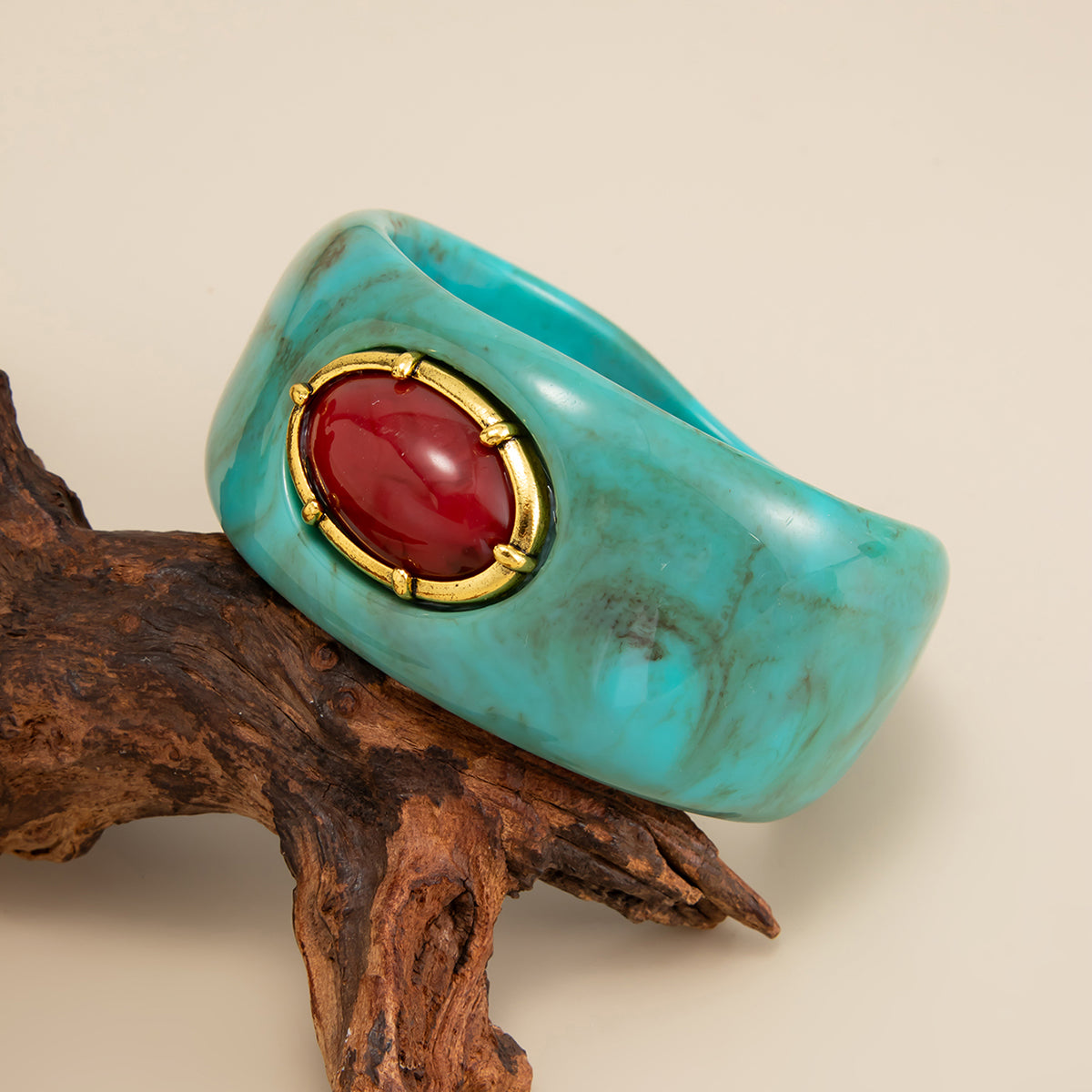 Teal Resin and Goldtone Oval Bangle Bracelet, gold bangle bracelet, vintage-inspired design, side view