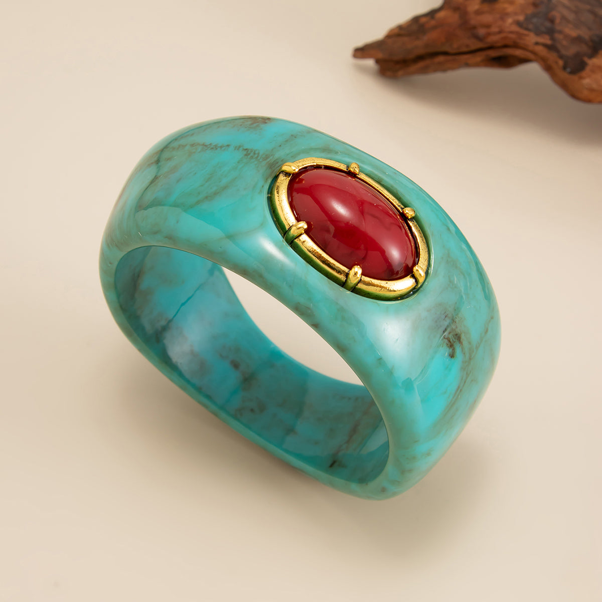 Teal Resin and Goldtone Oval Bangle Bracelet, gold bangle bracelet, vintage-inspired design, detail close-up