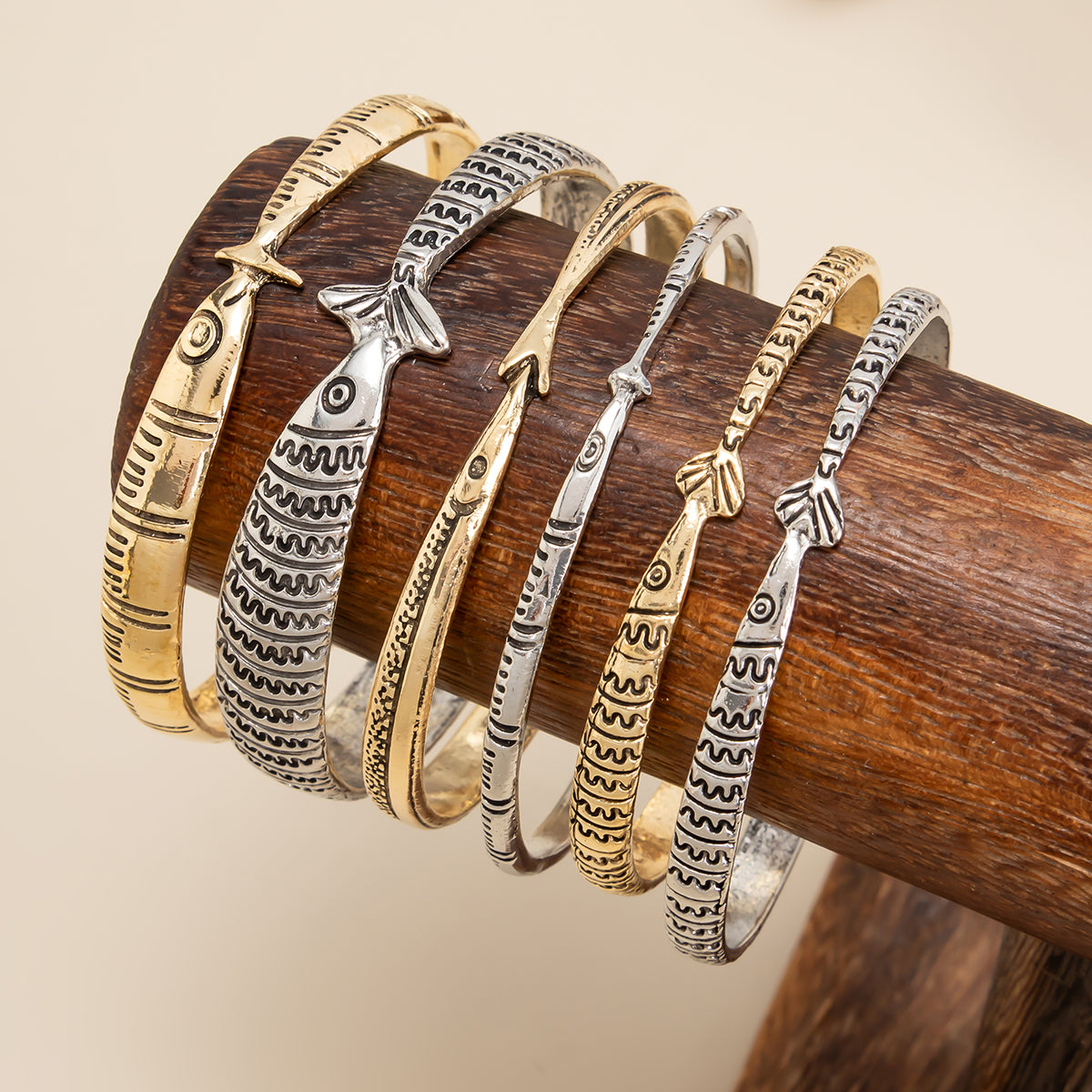 Enamel and Two Tone Fish Bangle Set, everyday style, side view