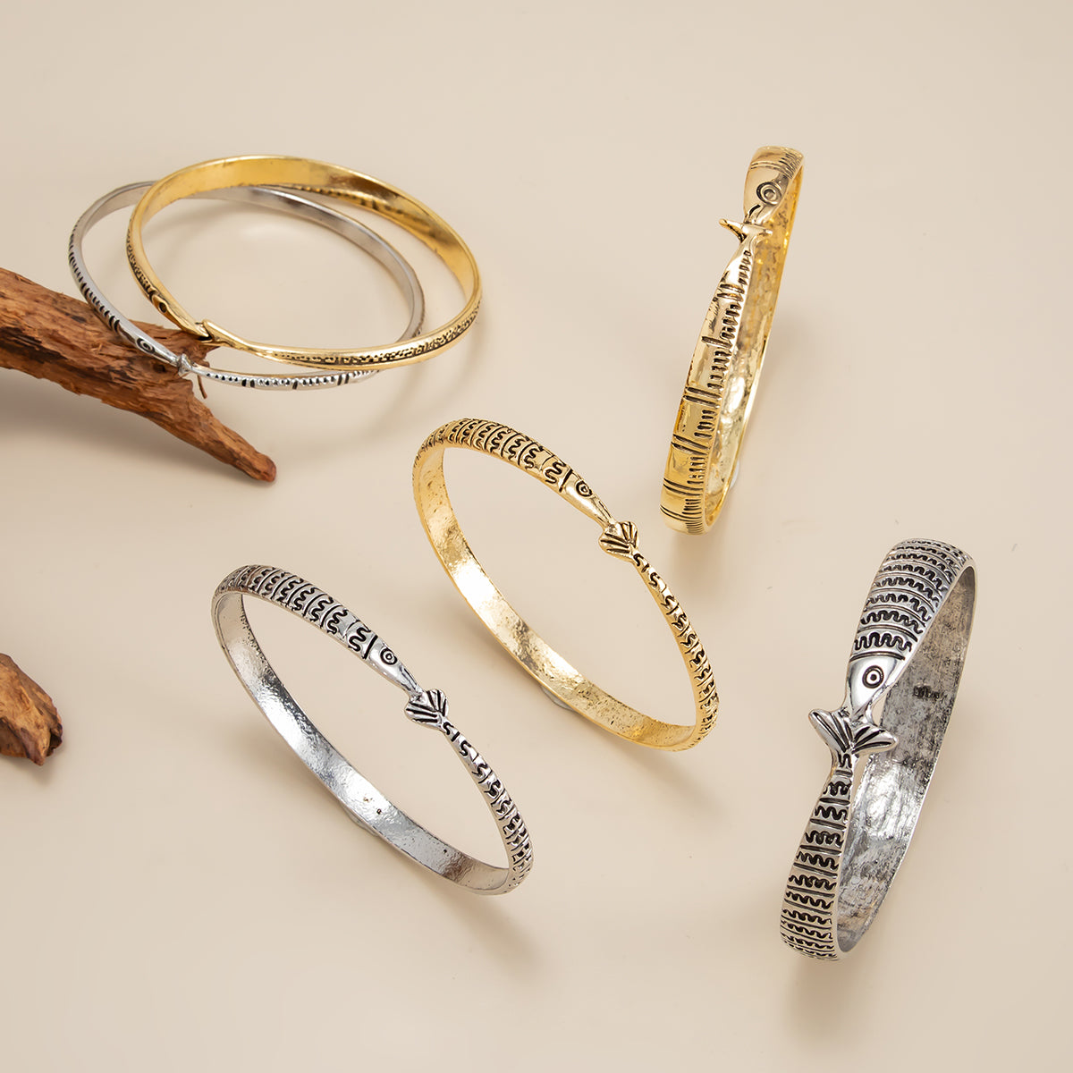 Enamel and Two Tone Fish Bangle Set, everyday style, detail close-up