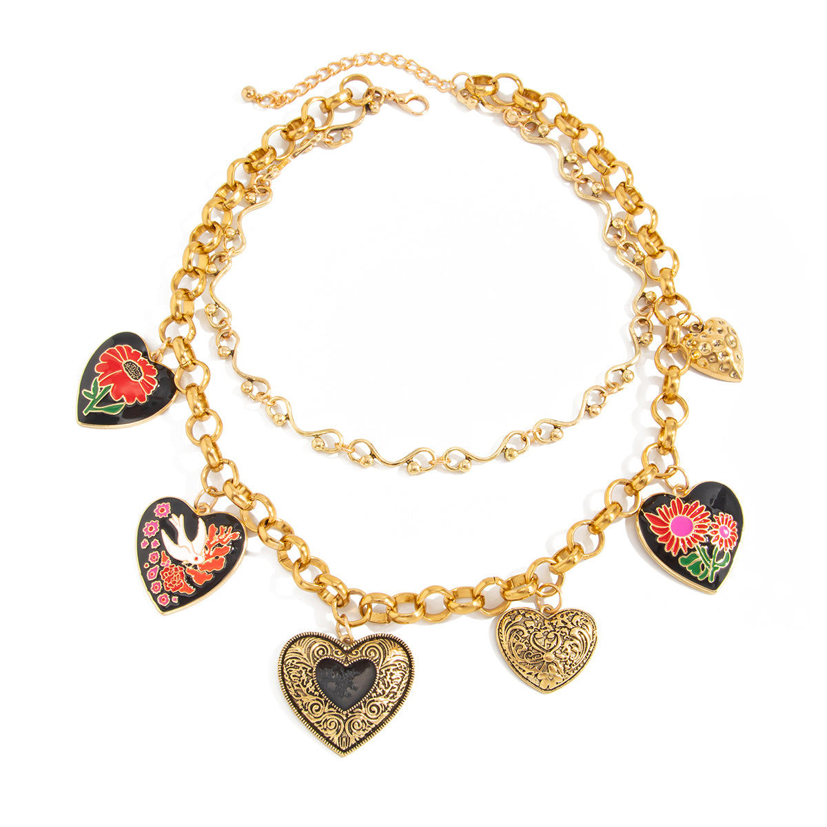 Black Enamel and Goldtone Flower Heart Charm Collar Necklace, vintage-inspired design, front view