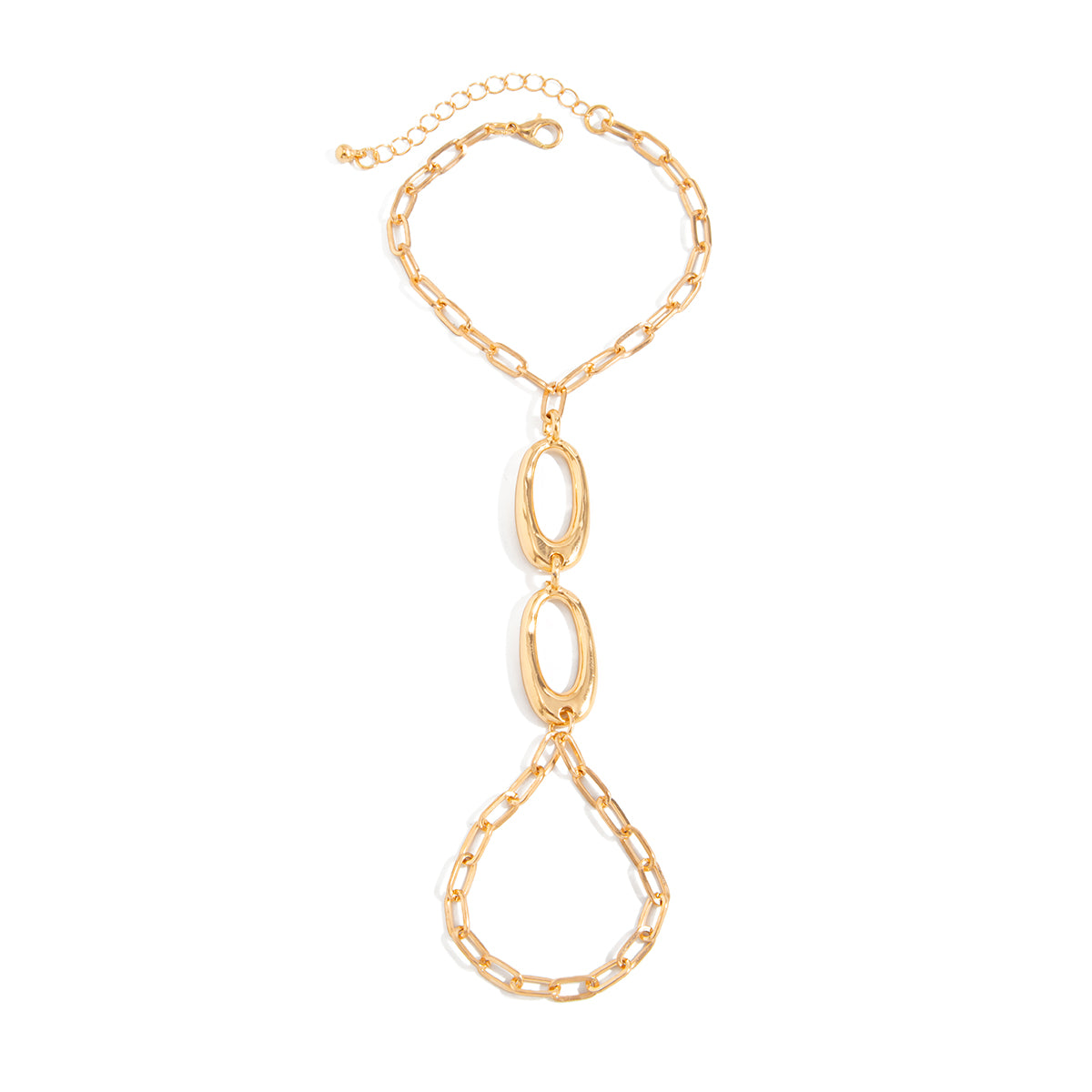 Goldtone Open Oval Finger-to-Wrist Bracelet, gold bracelet for women, elegant gift for her, front view