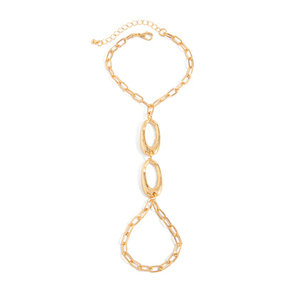 Goldtone Open Oval Finger-to-Wrist Bracelet, gold bracelet for women, elegant gift for her, front view