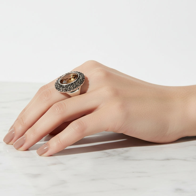 Champagne Crystal and Cubic Zirconia Silvertone Oval Hola Open Ring, vintage-inspired design, styled look