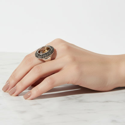 Champagne Crystal and Cubic Zirconia Silvertone Oval Hola Open Ring, vintage-inspired design, styled look