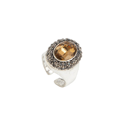 Champagne Crystal and Cubic Zirconia Silvertone Oval Hola Open Ring, vintage-inspired design, front view