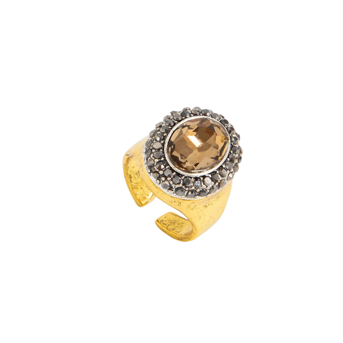 Champagne Crystal and Cubic Zirconia Goldtone Oval Hola Open Ring, dainty minimalist design, front view