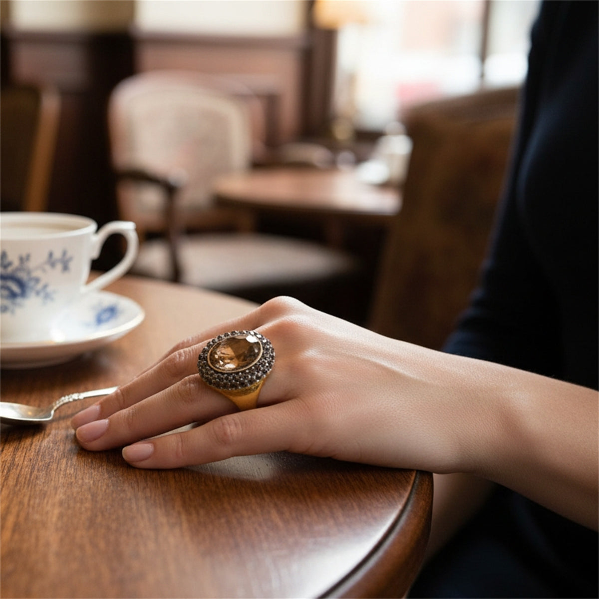 Champagne Crystal and Cubic Zirconia Goldtone Oval Hola Open Ring, dainty minimalist design, styled look