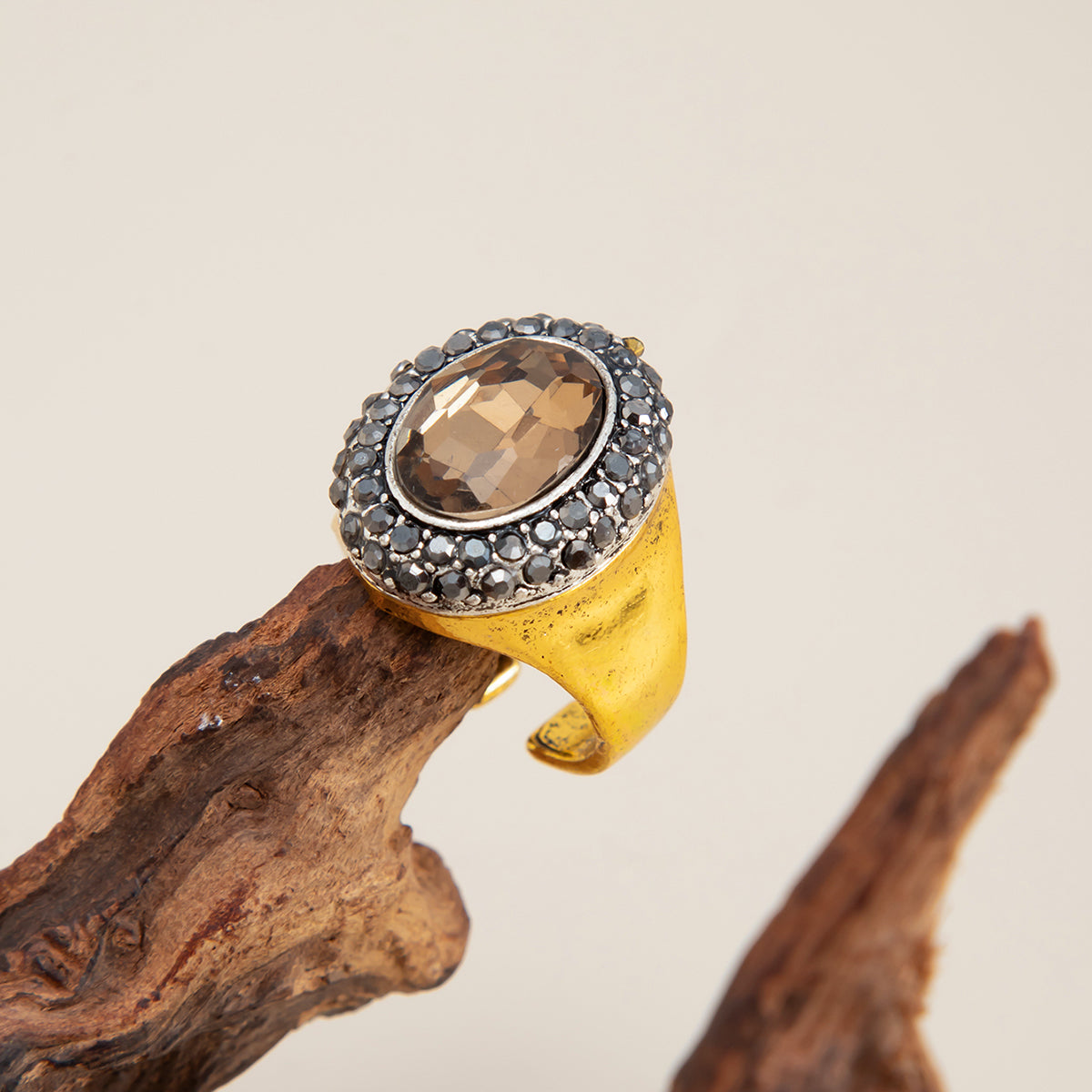 Champagne Crystal and Cubic Zirconia Goldtone Oval Hola Open Ring, dainty minimalist design, side view