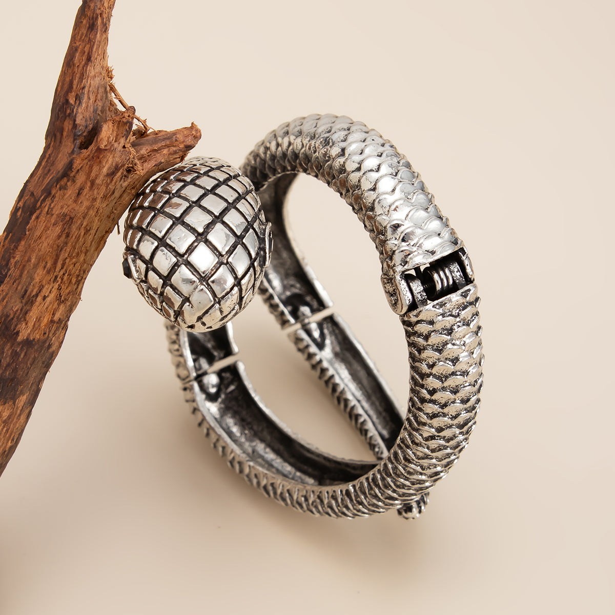 Cubic Zirconia and Silvertone Textured Snake Layered Bangle, silver bangle bracelet, elegant gift for her, side view