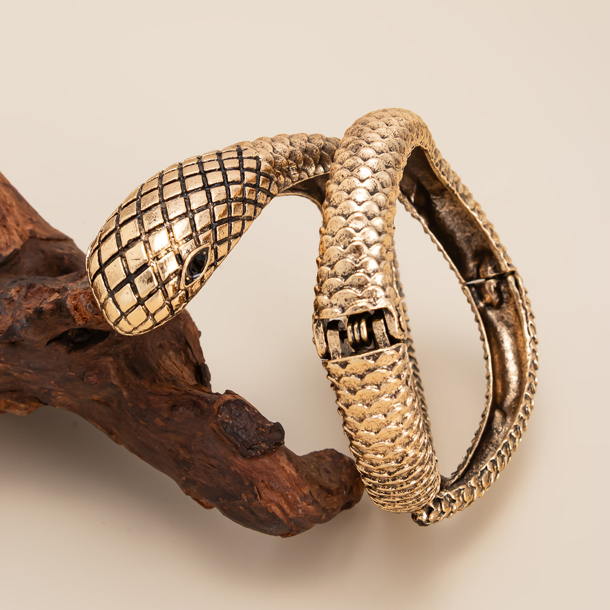 Cubic Zirconia and Goldtone Textured Snake Layered Bangle, gold bangle bracelet, everyday style, side view