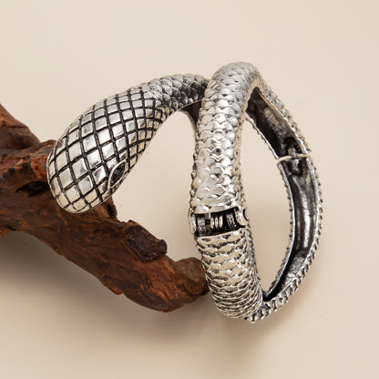 Cubic Zirconia and Silvertone Textured Snake Layered Bangle, silver bangle bracelet, elegant gift for her, detail close-up
