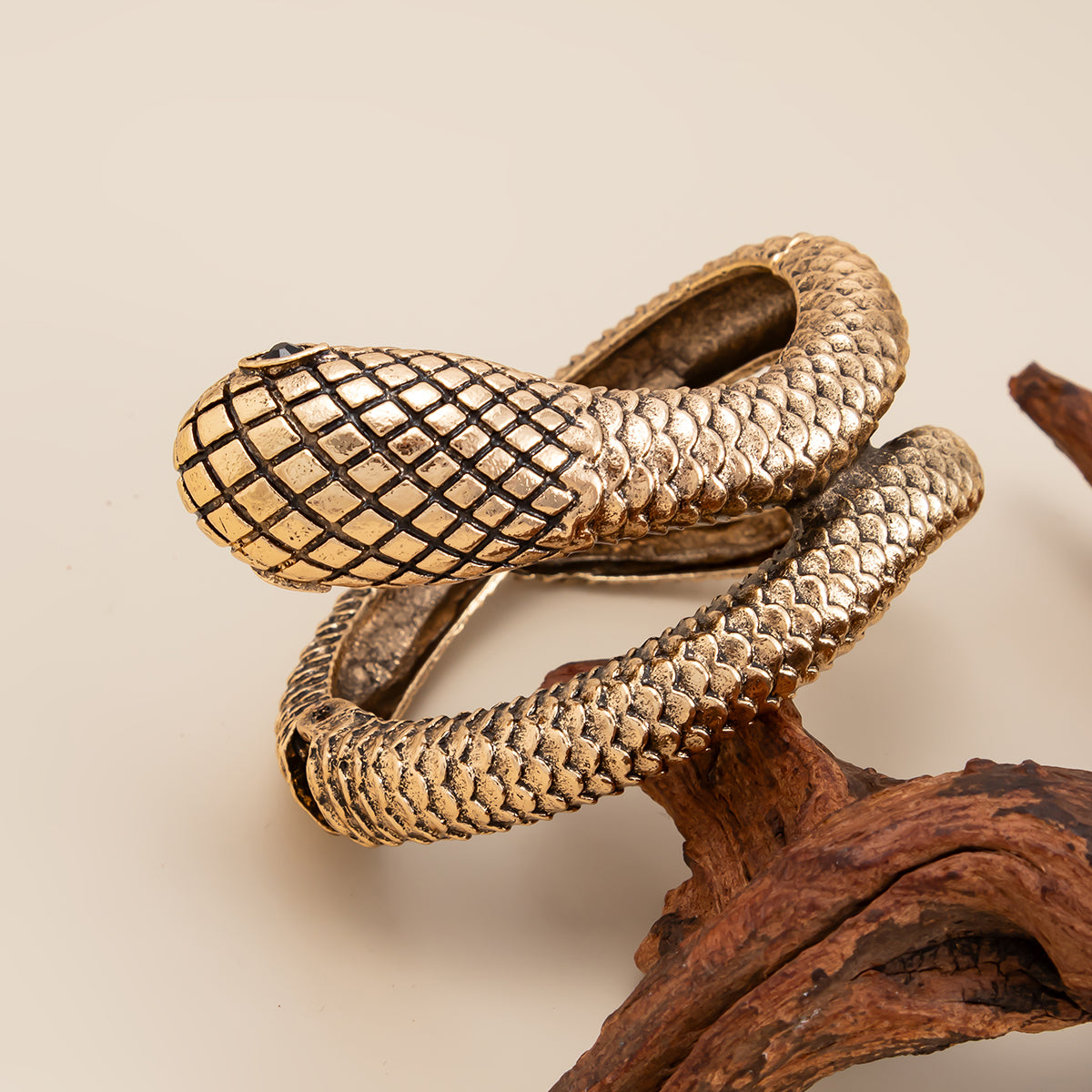 Cubic Zirconia and Goldtone Textured Snake Layered Bangle, gold bangle bracelet, everyday style, detail close-up