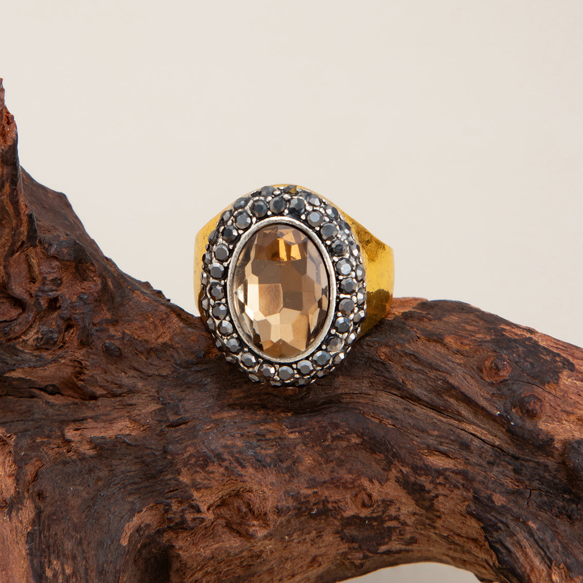 Champagne Crystal and Cubic Zirconia Goldtone Oval Hola Open Ring, dainty minimalist design, detail close-up