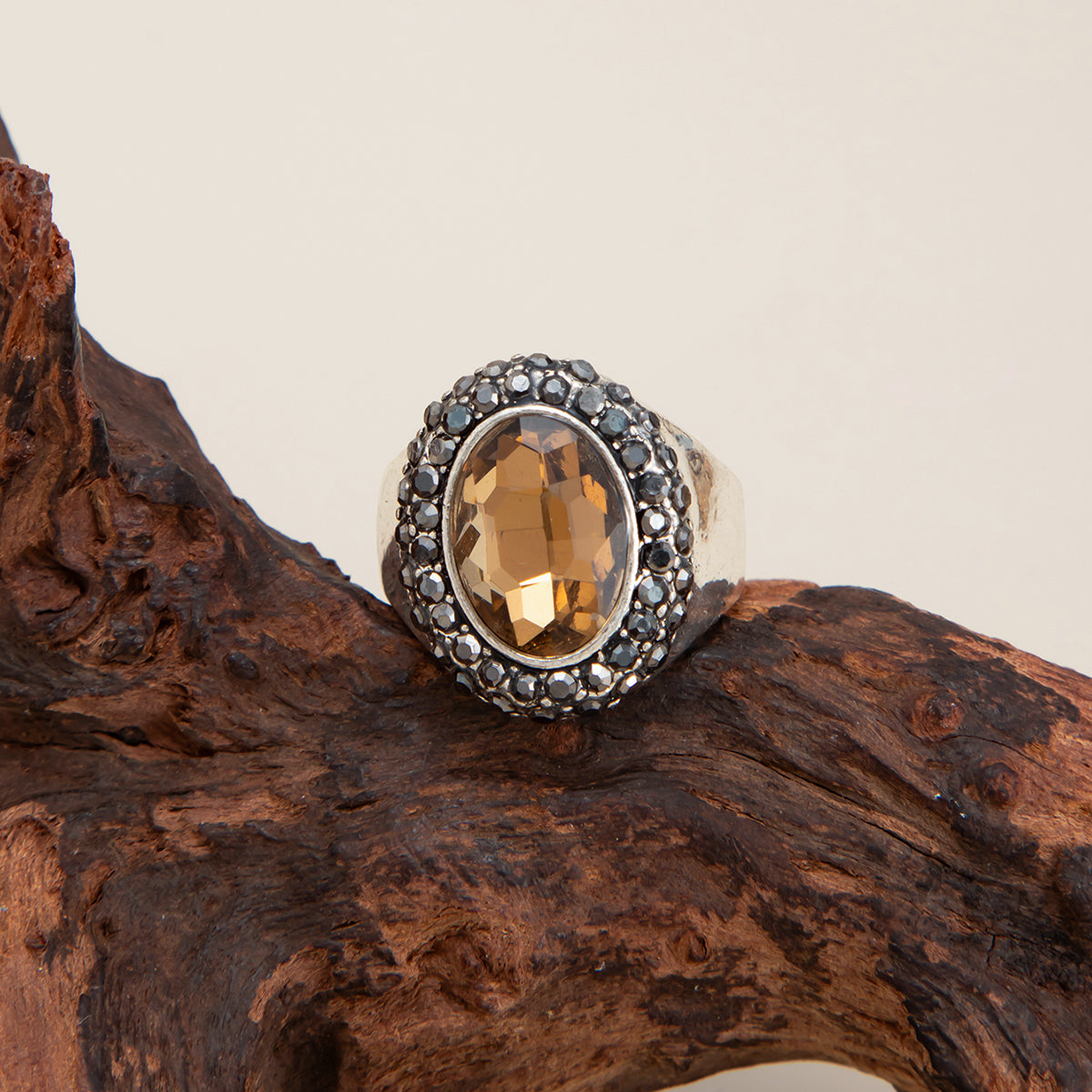 Champagne Crystal and Cubic Zirconia Silvertone Oval Hola Open Ring, vintage-inspired design, detail close-up