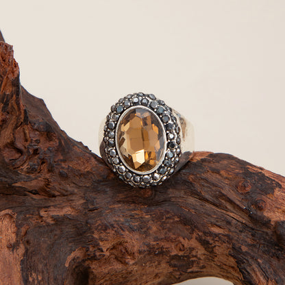 Champagne Crystal and Cubic Zirconia Silvertone Oval Hola Open Ring, vintage-inspired design, detail close-up