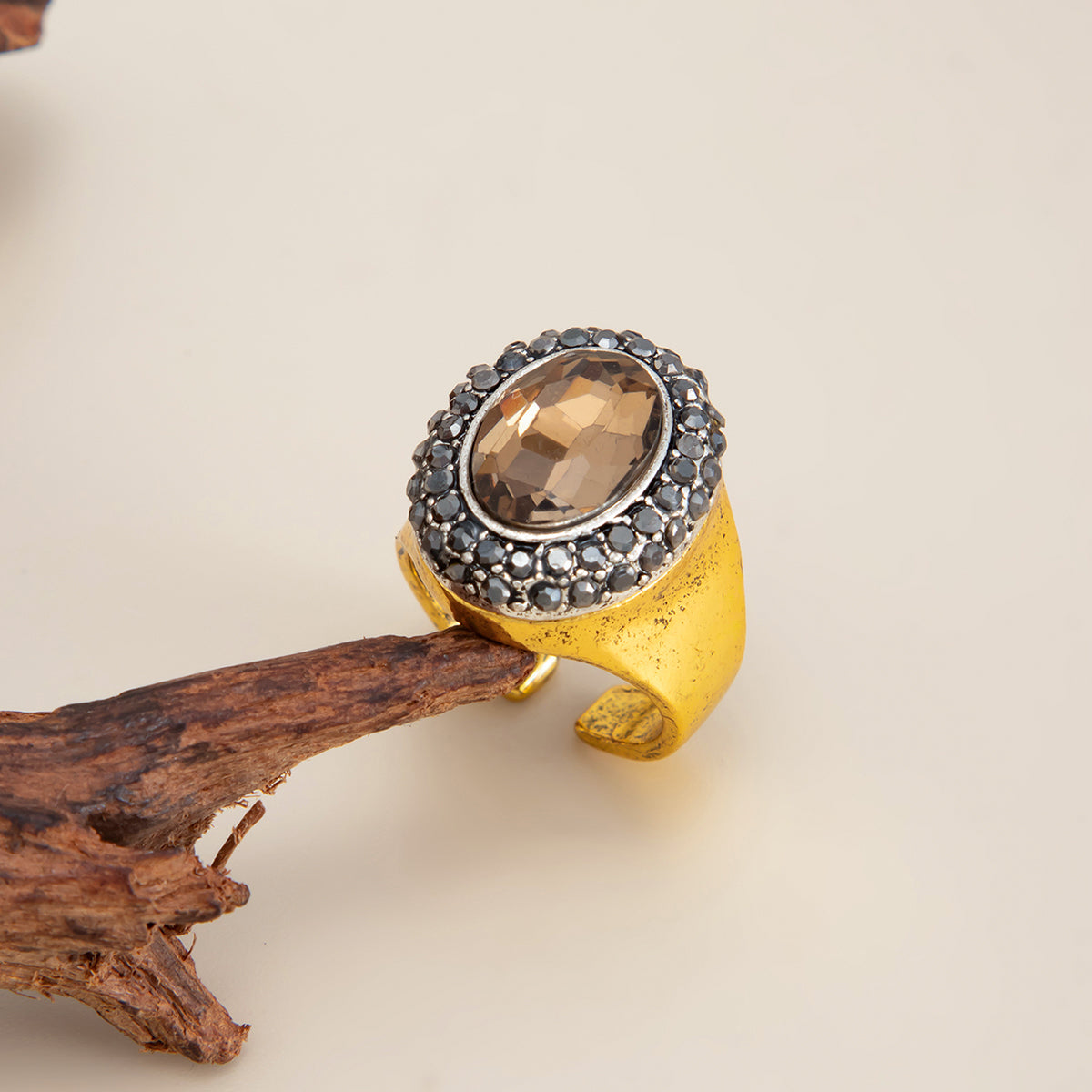 Champagne Crystal and Cubic Zirconia Goldtone Oval Hola Open Ring, dainty minimalist design, lifestyle look