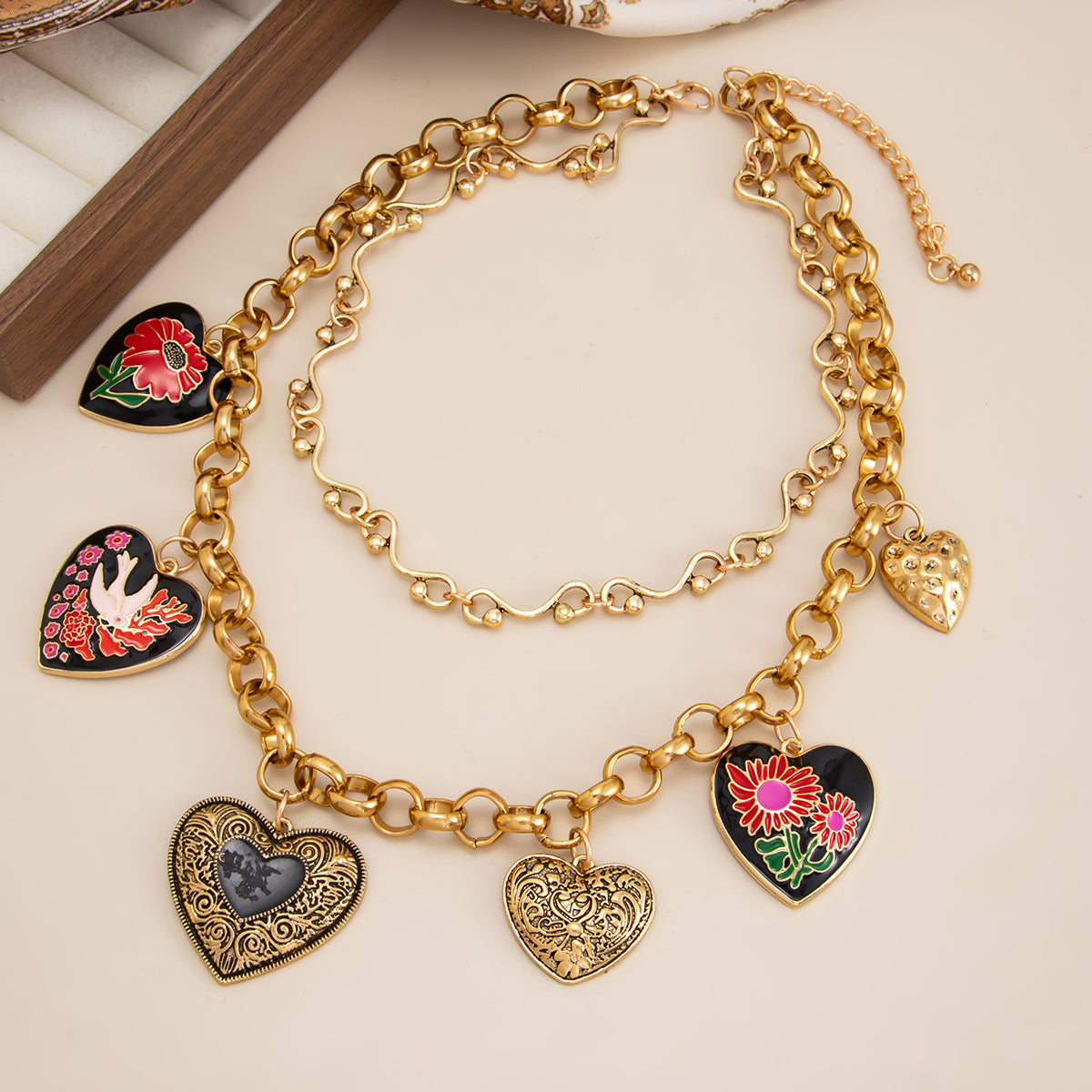 Black Enamel and Goldtone Flower Heart Charm Collar Necklace, vintage-inspired design, side view