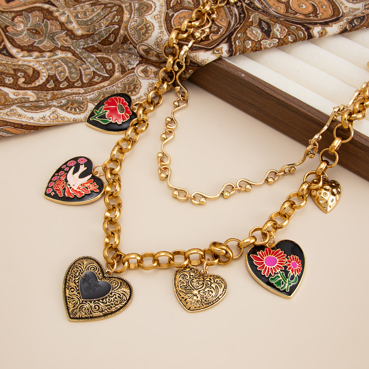 Black Enamel and Goldtone Flower Heart Charm Collar Necklace, vintage-inspired design, detail close-up