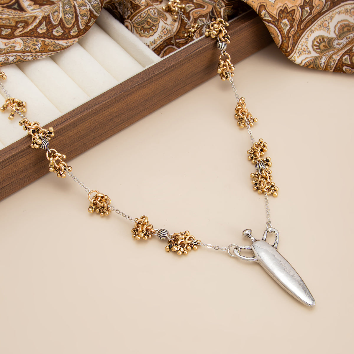 Two Tone Bead Cluster Station Olecranon Pendant Necklace, everyday style, detail close-up
