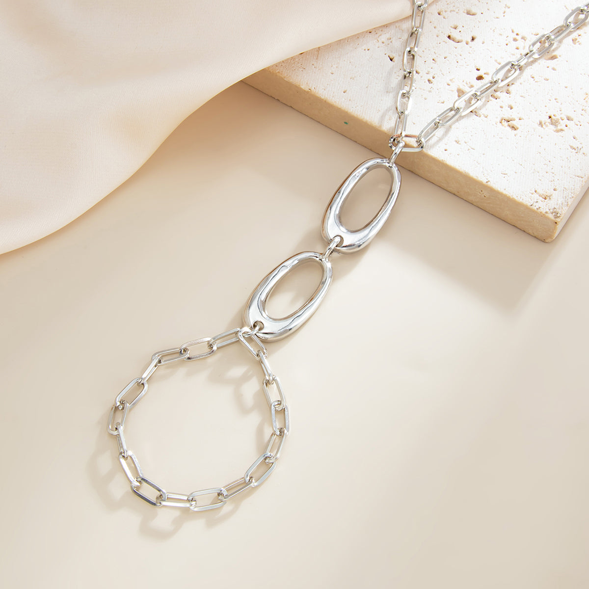 Silvertone Open Oval Finger-to-Wrist Bracelet, silver bracelet for women, elegant gift for her, side view