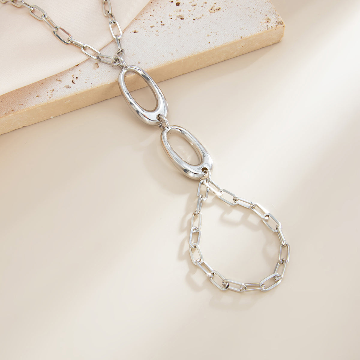 Silvertone Open Oval Finger-to-Wrist Bracelet, silver bracelet for women, elegant gift for her, detail close-up