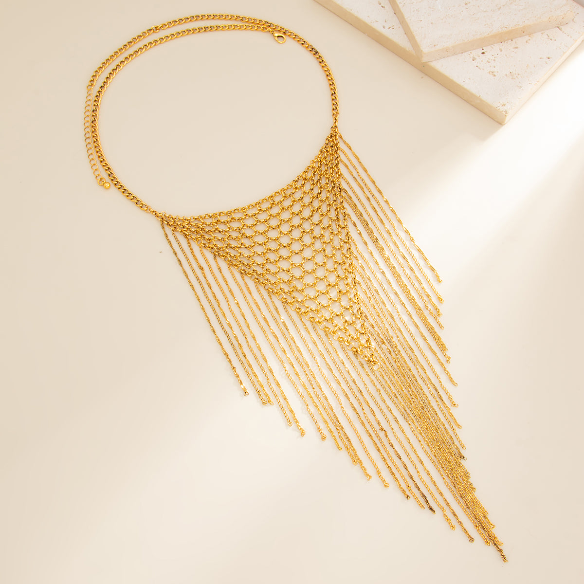 Goldtone Netted Rhombus Tassel Necklace, everyday style, side view