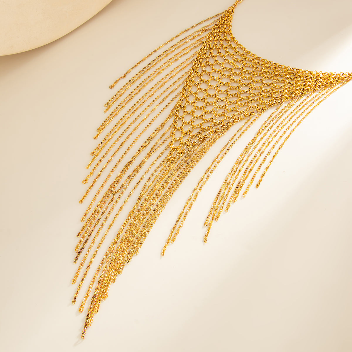 Goldtone Netted Rhombus Tassel Necklace, everyday style, detail close-up
