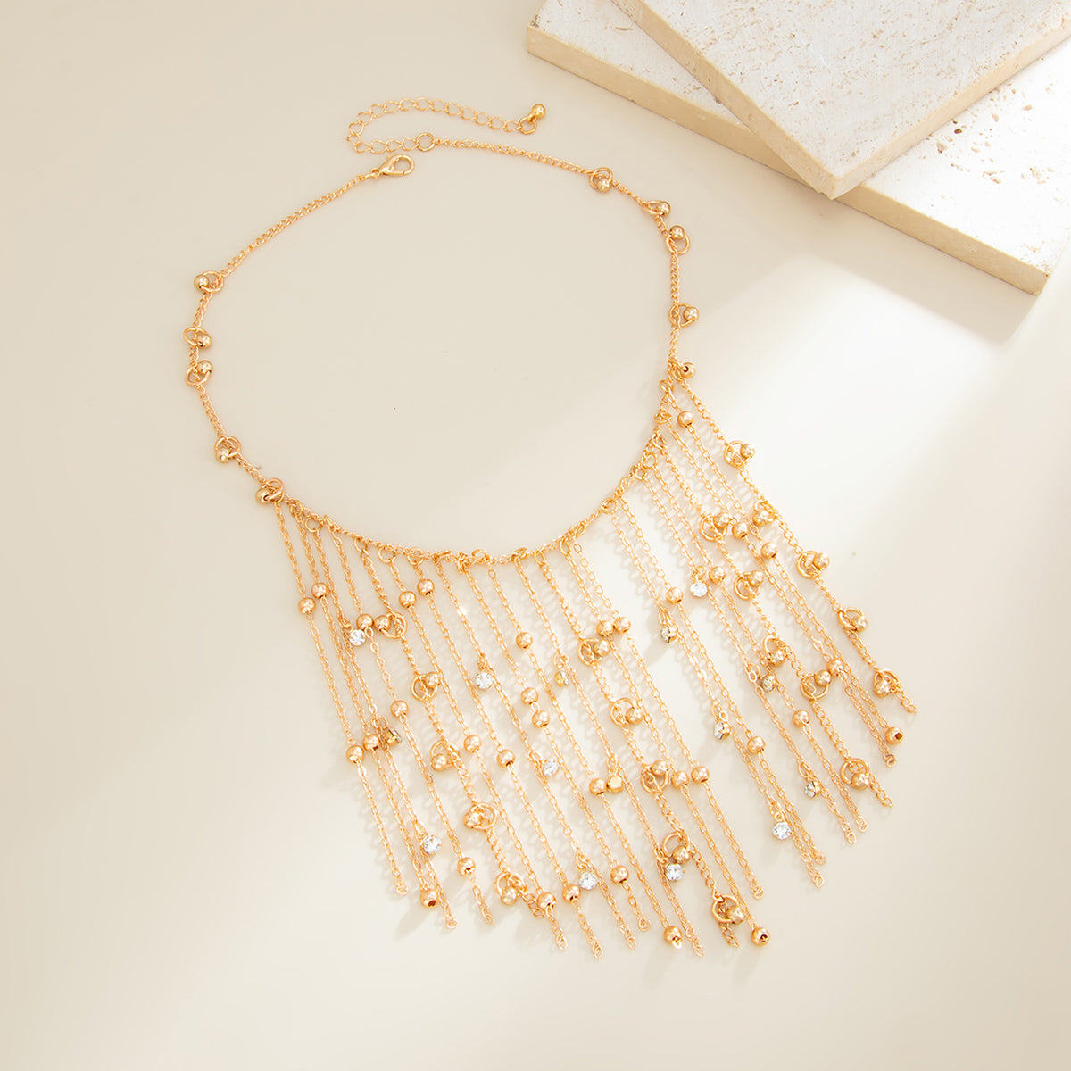 Cubic Zirconia and Goldtone Beaded Tassel Collar Necklace, elegant gift for her, side view