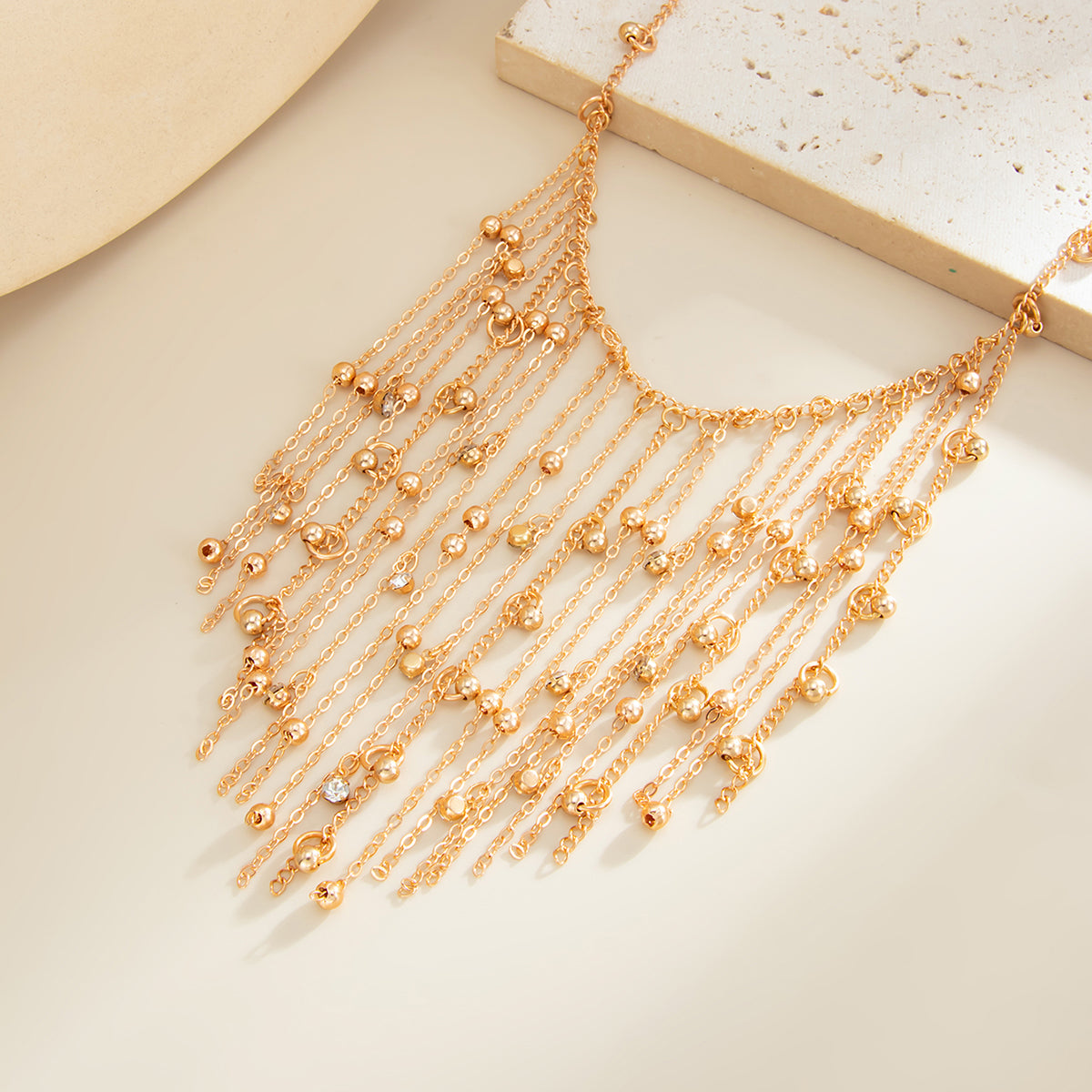 Cubic Zirconia and Goldtone Beaded Tassel Collar Necklace, elegant gift for her, detail close-up