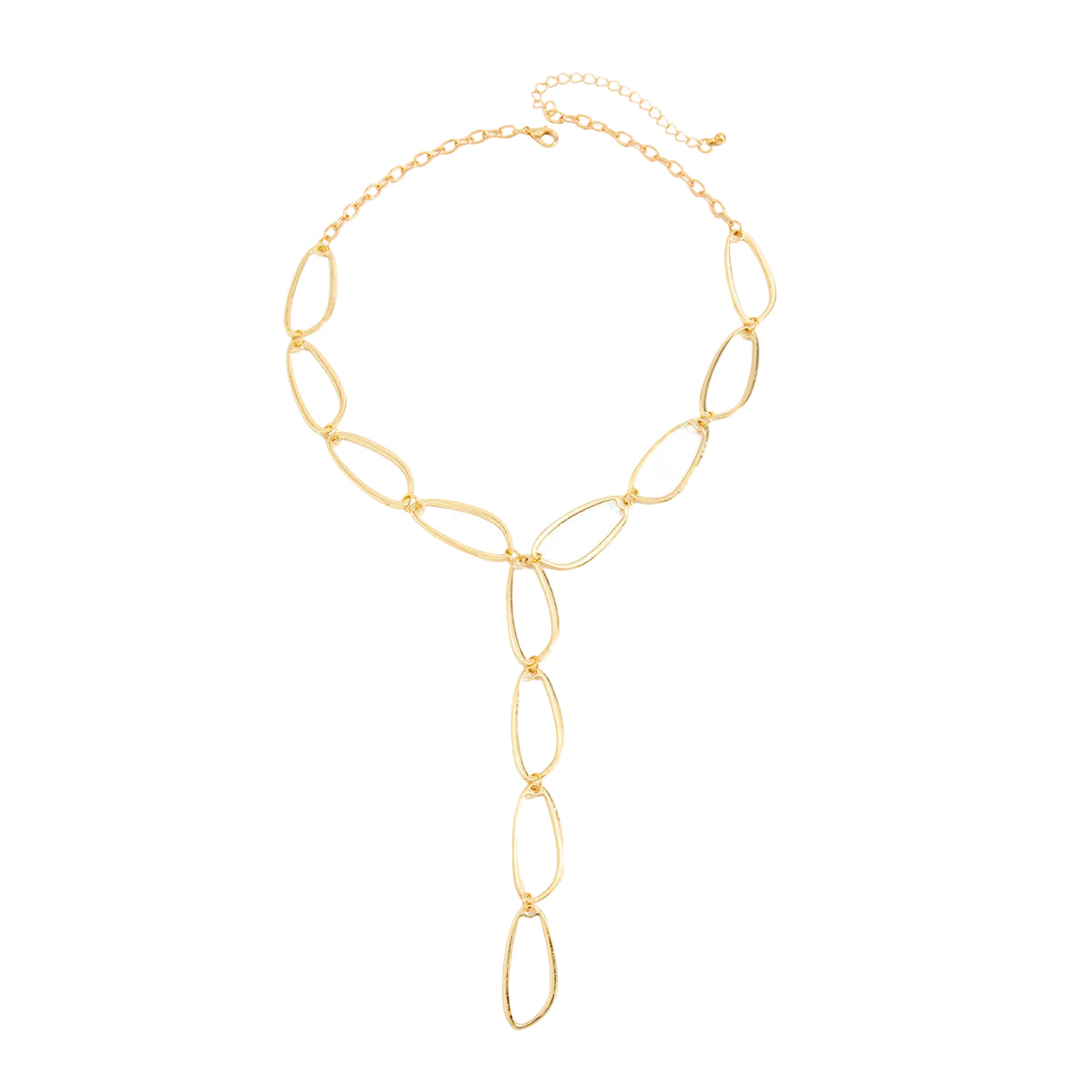 Goldtone Open Drop Lariat Necklace, botanical inspired, front view