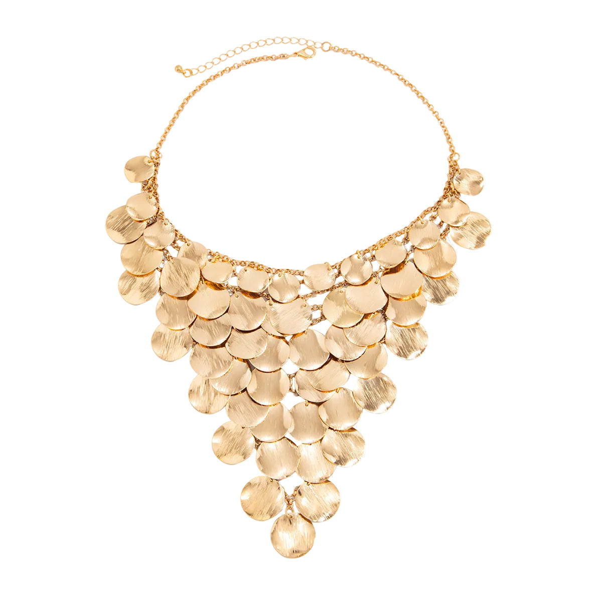 Goldtone Disc Tassel Statement Necklace, vintage-inspired design, front view