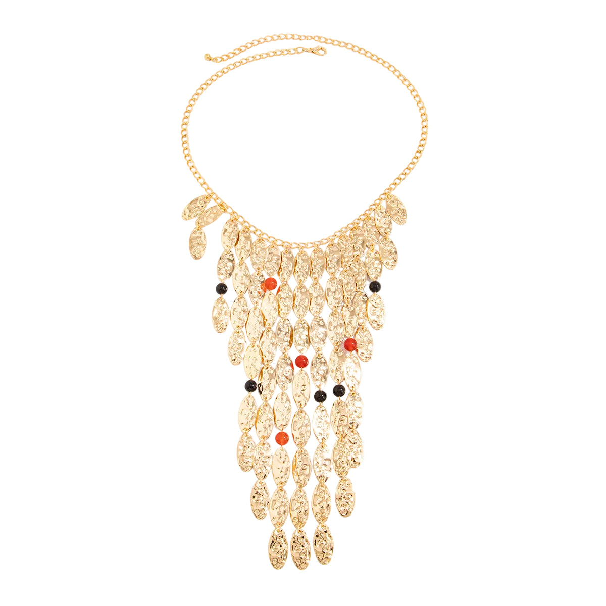 Resin and Goldtone Hammered Leaves Tassel Statement Necklace, dainty minimalist design, front view
