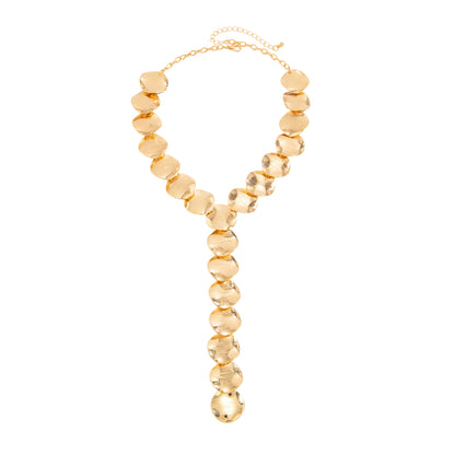 Goldtone Disc Lariat Statement Necklace, elegant gift for her, front view