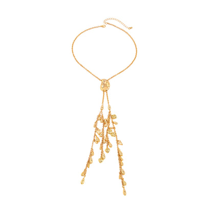 Goldtone Geometric Tassel Statement Necklace, vintage-inspired design, front view