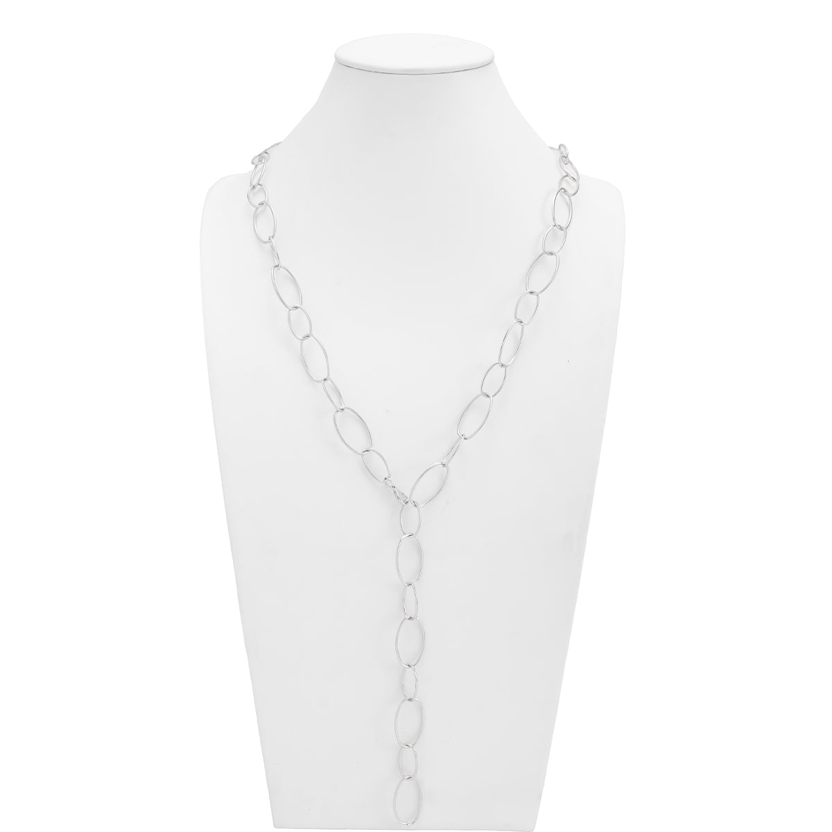 Silvertone Oval Chain Lariat Necklace, botanical inspired, lifestyle look