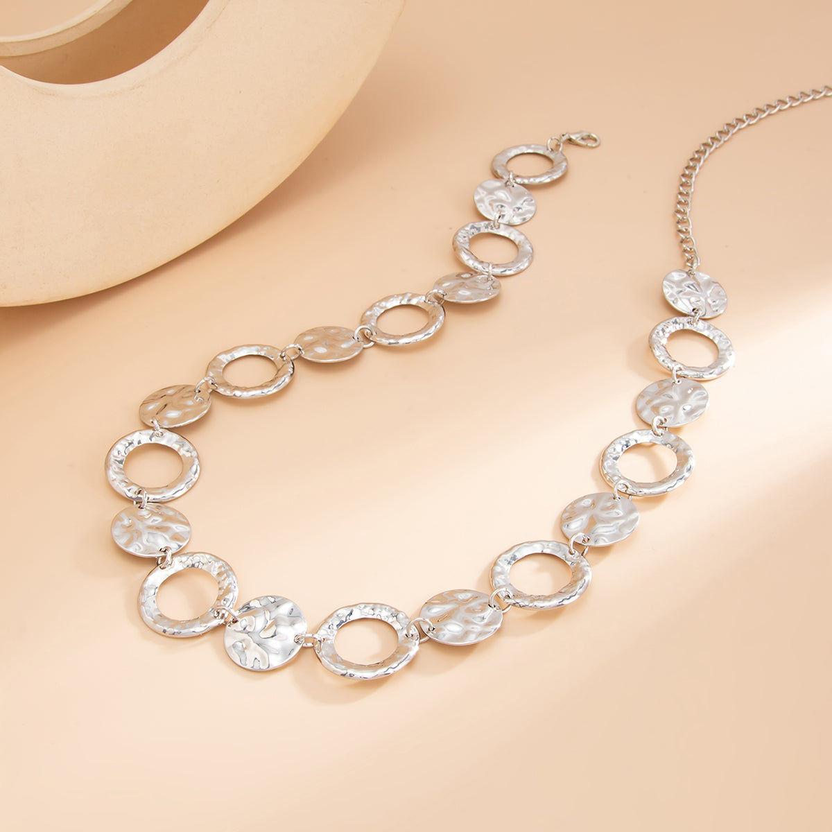 Silvertone Hammered and Textured Circular Charm Waist Chain, everyday style, side view