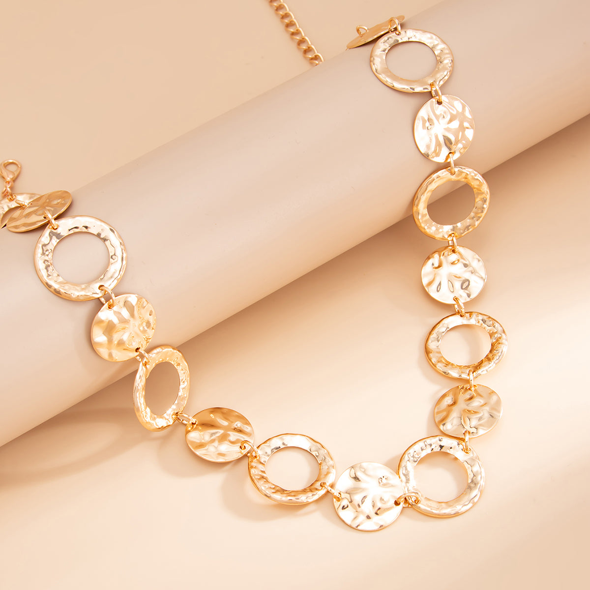 Goldtone Hammered and Textured Circular Charm Waist Chain, elegant gift for her, detail close-up