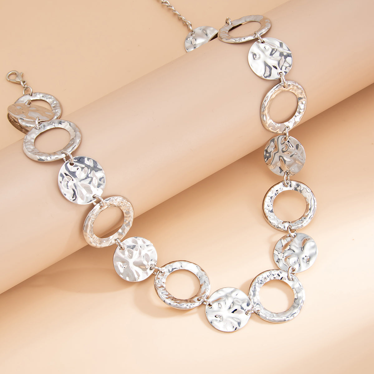 Silvertone Hammered and Textured Circular Charm Waist Chain, everyday style, detail close-up