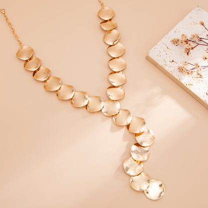 Goldtone Disc Lariat Statement Necklace, elegant gift for her, detail close-up