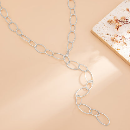 Silvertone Oval Chain Lariat Necklace, botanical inspired, side view