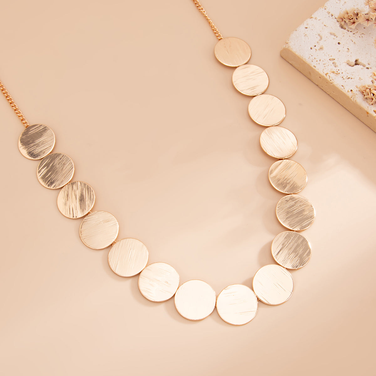 Goldtone Disc Chain Necklace, dainty minimalist design, side view