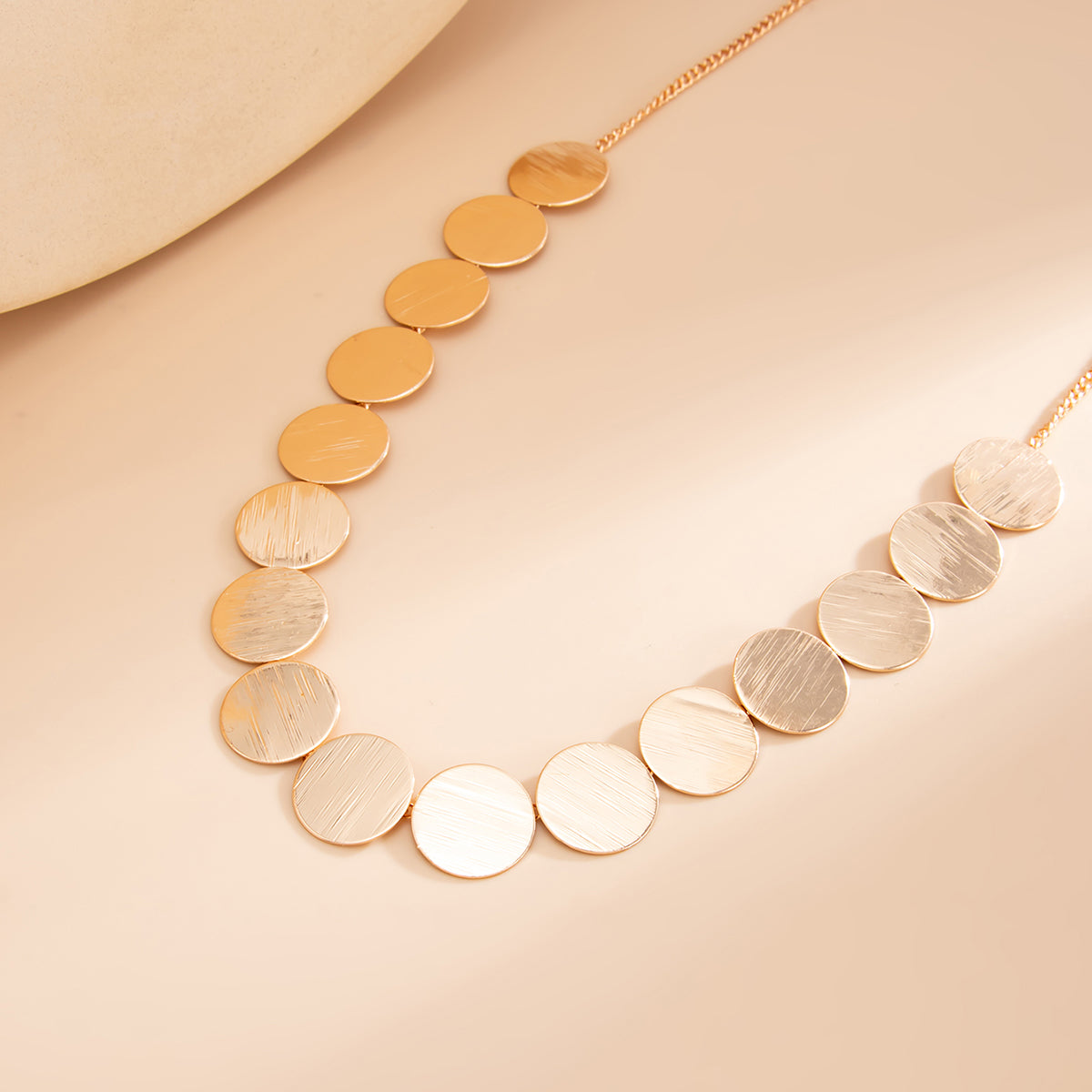 Goldtone Disc Chain Necklace, dainty minimalist design, detail close-up